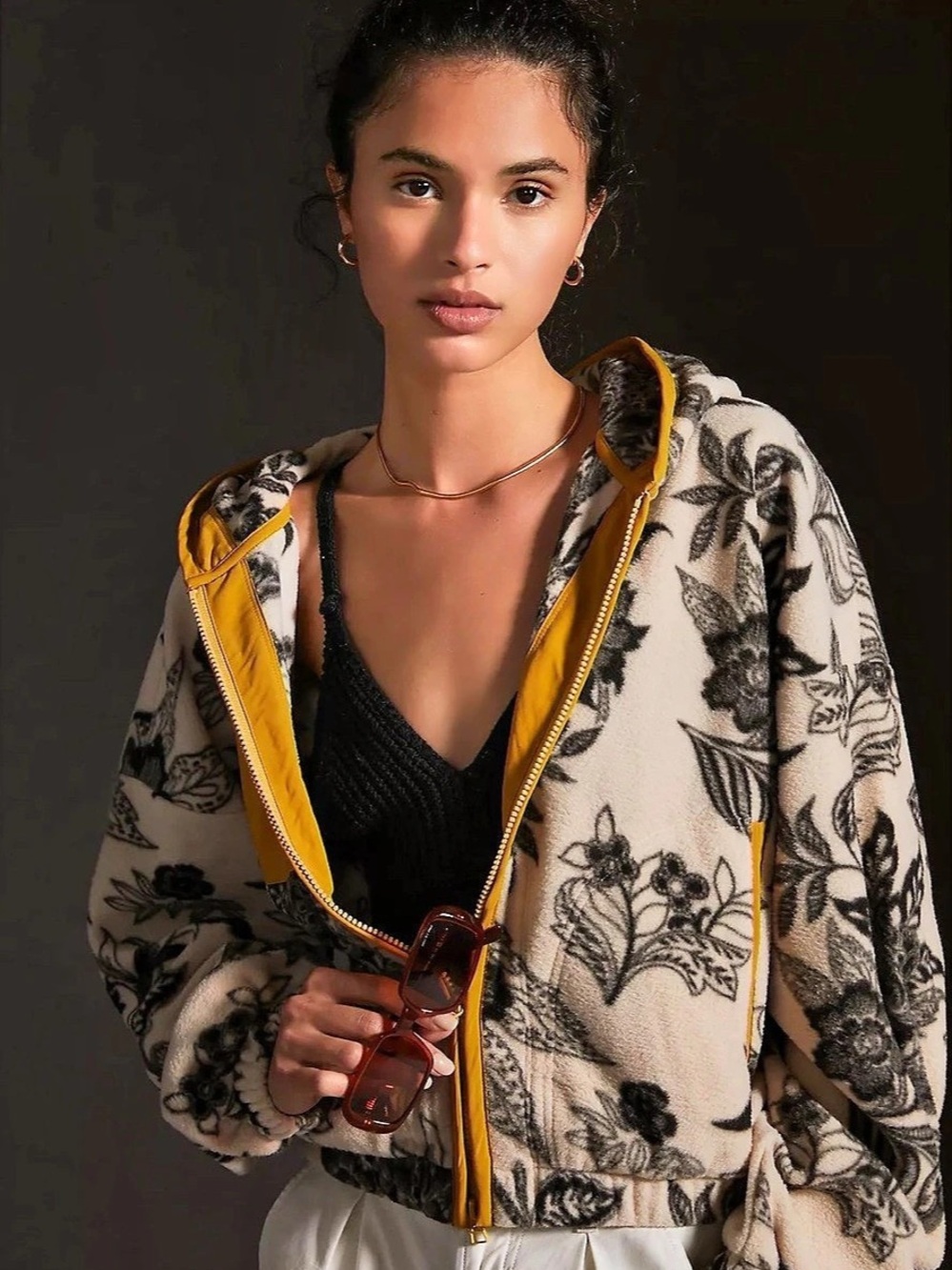 Daily Practice Anthropology Floral Fleece Jacket in Cream & Black Small Like New